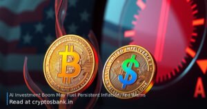 Crypto coins floating over rising heat waves with a red warning gauge and US flag background.