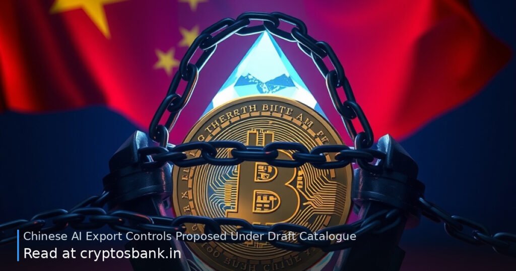 Bitcoin and Ethereum coins wrapped in chains behind a digital lock grid with the Chinese flag in the background.