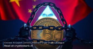 Bitcoin and Ethereum coins wrapped in chains behind a digital lock grid with the Chinese flag in the background.