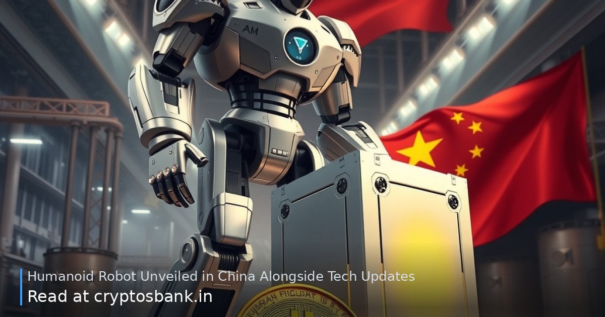 A massive humanoid robot lifts a heavy block next to a Bitcoin coin, with the Chinese flag in the background.
