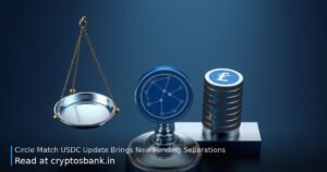 Scales balancing separate stacks of blue USDC coins, illustrating funding balances and fee trade-offs.