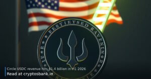 USDC coin rising up a green light staircase with US flag backdrop