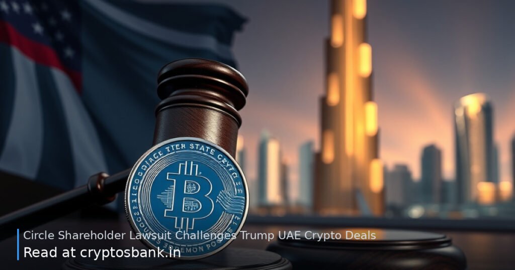 A judge's gavel and a blue crypto coin on a desk with the US flag and Dubai skyline in the background.