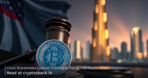 A judge's gavel and a blue crypto coin on a desk with the US flag and Dubai skyline in the background.