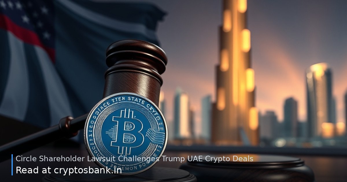 A judge's gavel and a blue crypto coin on a desk with the US flag and Dubai skyline in the background.