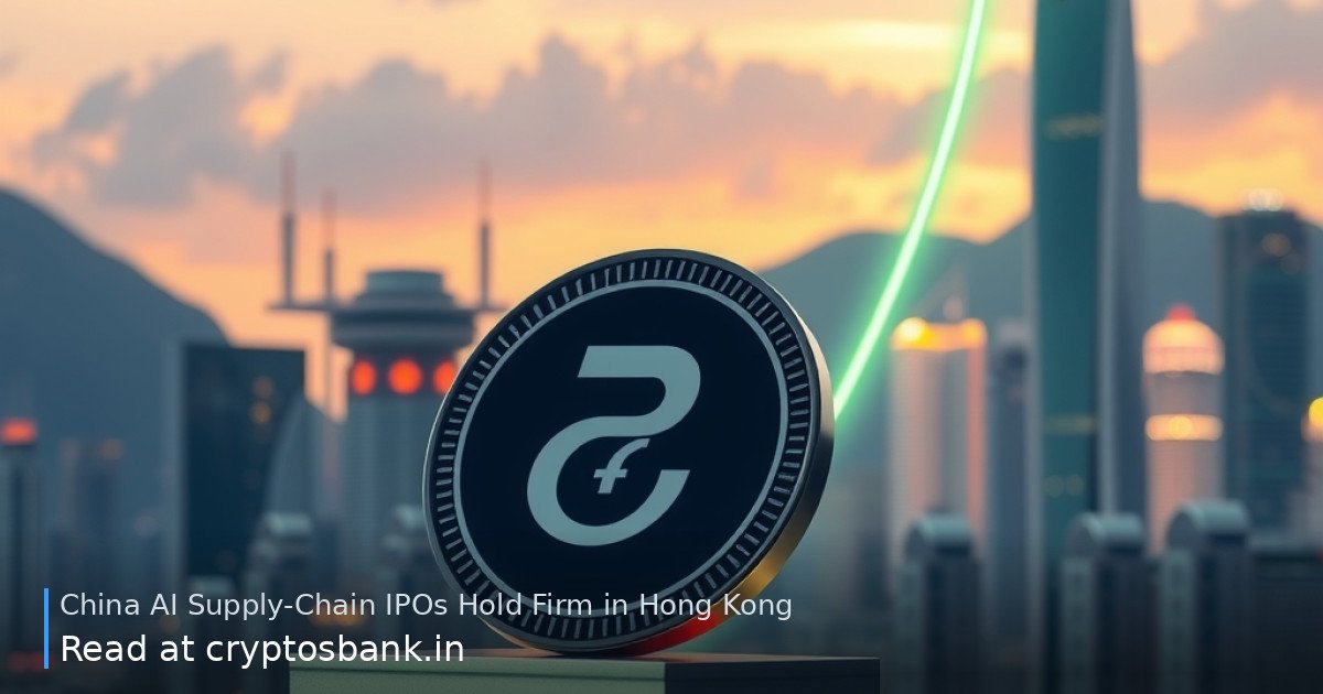 A silver abstract token climbing a glowing green staircase against the Hong Kong skyline at dusk.