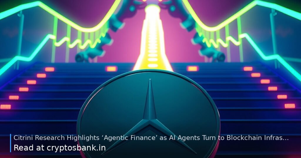 AI agents and blockchain assets connecting over glowing financial networks.
