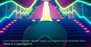 AI agents and blockchain assets connecting over glowing financial networks.