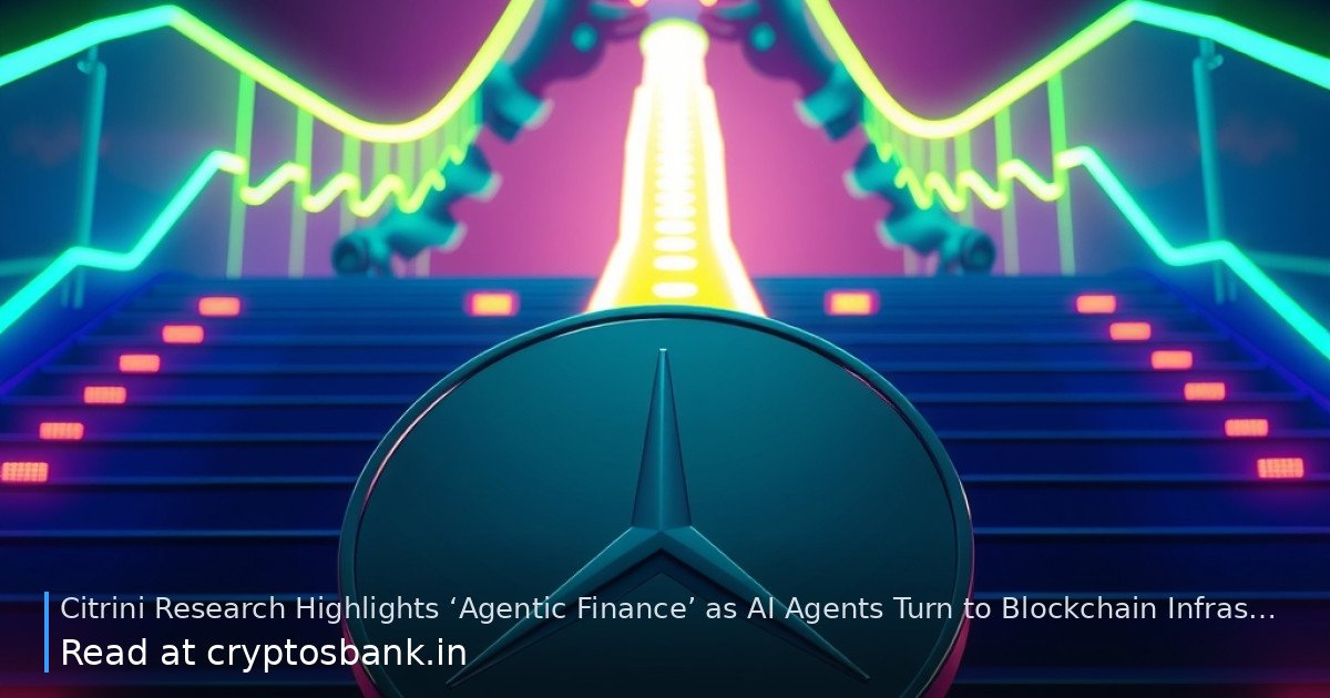 AI agents and blockchain assets connecting over glowing financial networks.