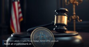 A coin with an abstract emblem under a judge's gavel with the US flag in the background.