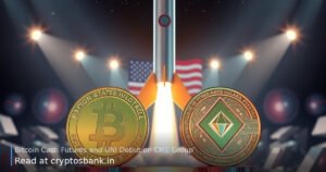 Two crypto coins on a launch pad as a rocket takes off against a US flag reflection.