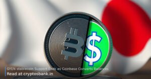 GYEN coin converting into USDC against a Japanese flag background.