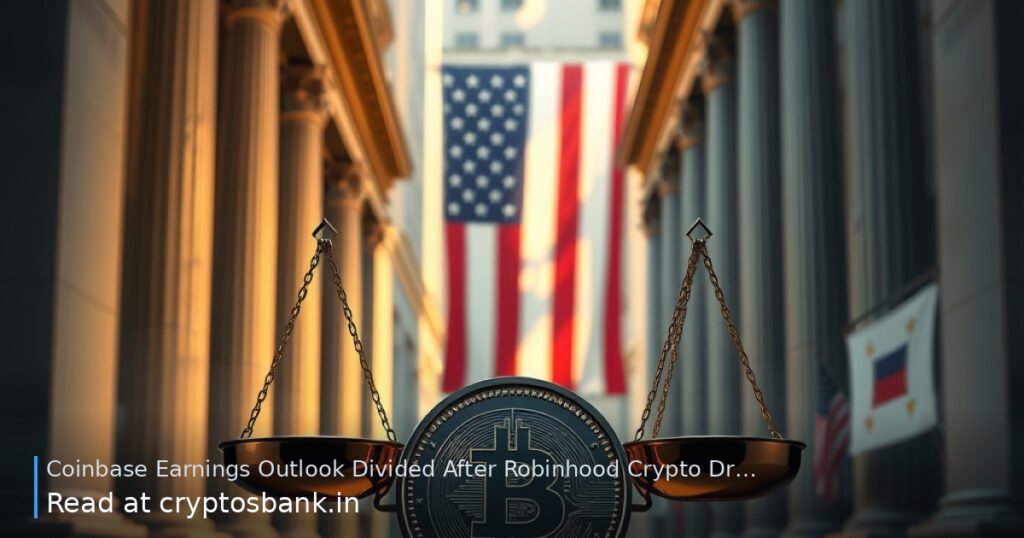 An editorial illustration of a crypto coin and scales between classical Wall Street buildings under split lighting.