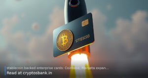 Rocket launching a card‑linked stablecoin coin against a subtle US‑flag backdrop