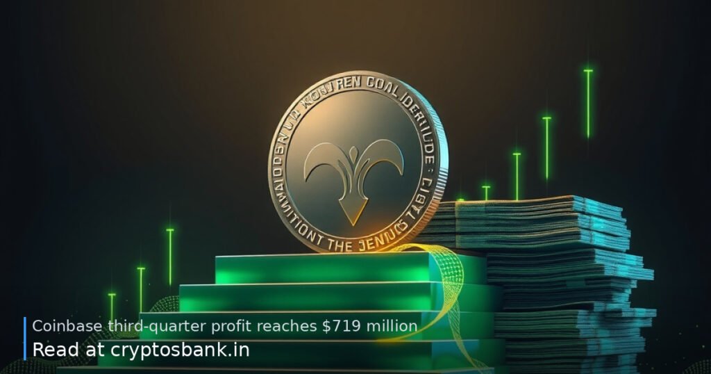 Coinbase profit illustrated with a dark silver coin atop a glowing green upward staircase and cash stacks.
