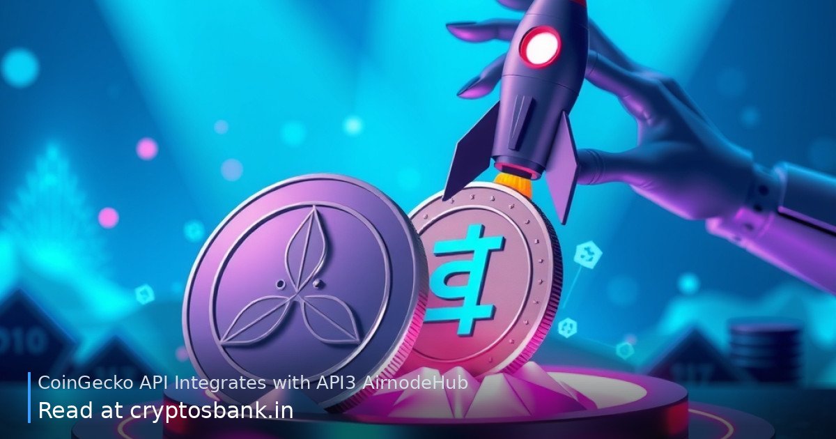 Coins representing CoinGecko and API3 launching on a rocket into a digital data space for AI agents.