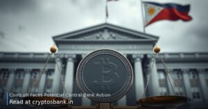 Crypto coin on scales of justice before a government building with the Philippine flag.