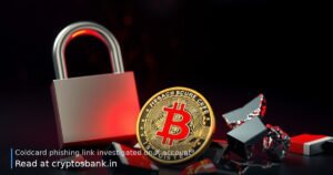 A gold Bitcoin coin next to a cracked padlock and shattered glass under red warning light.