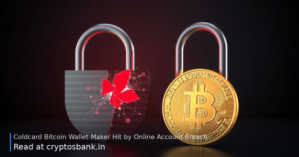 A gold Bitcoin coin next to a cracked padlock and shattered glass under red warning light.
