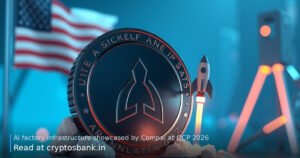 An AI-focused hardware coin next to a launching rocket with the US flag in the background.