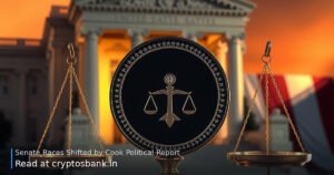 Crypto token on scales of justice with US flag and government building in background