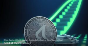 An illustration of a chip-backed debt coin ascending a glowing green growth staircase.