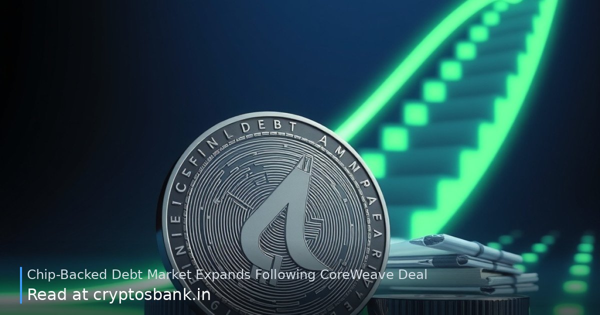 An illustration of a chip-backed debt coin ascending a glowing green growth staircase.