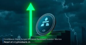 A dark silver coin climbs a glowing green staircase against a stormy city skyline.