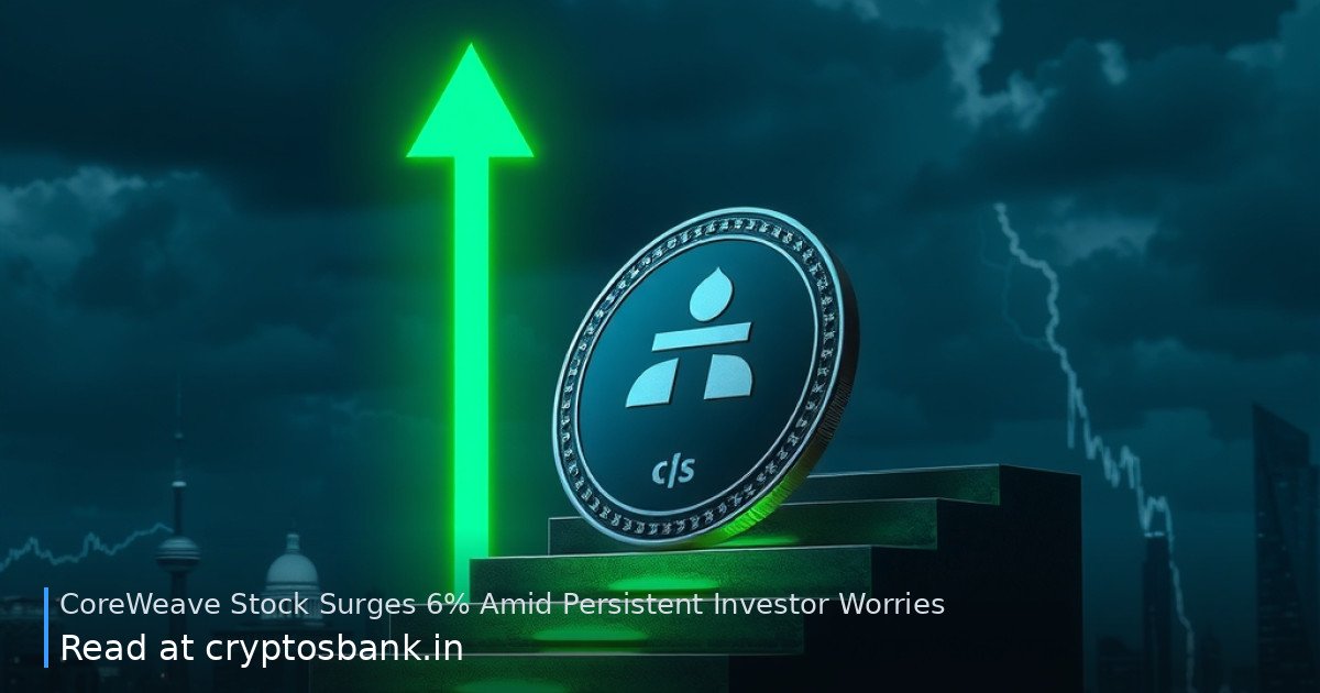 A dark silver coin climbs a glowing green staircase against a stormy city skyline.