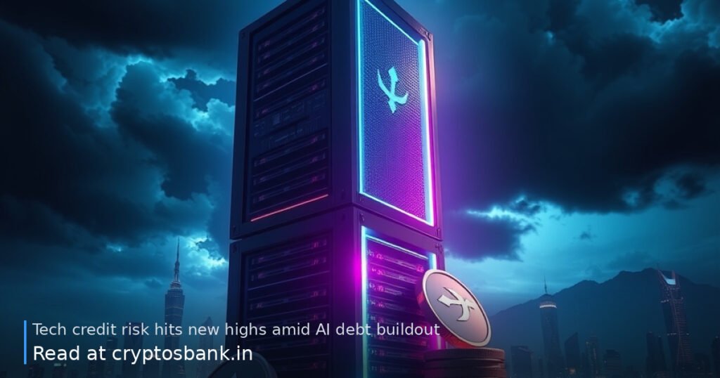 Tech debt illustration showing wobbling server racks and dark silver coins under stormy skies.