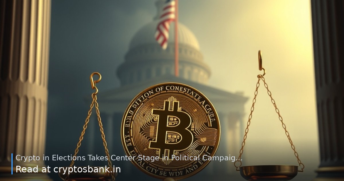 A gold Bitcoin coin on the scales of justice in front of a government building and U.S. flag.