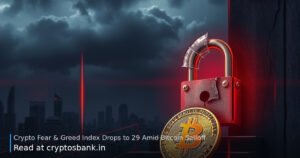 Bitcoin coin sliding down beside a cracked padlock under red warning light