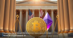 Crypto assets on the scales of justice in front of a US government building with an American flag reflection.