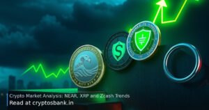 Crypto tokens climbing a glowing green staircase against a dark city skyline.