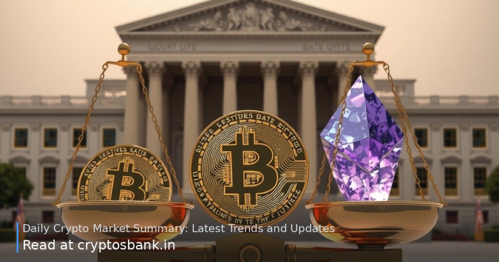 Bitcoin and Ethereum on scales of justice before a government building with the US flag.