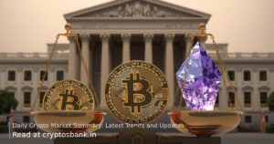 Bitcoin and Ethereum on scales of justice before a government building with the US flag.