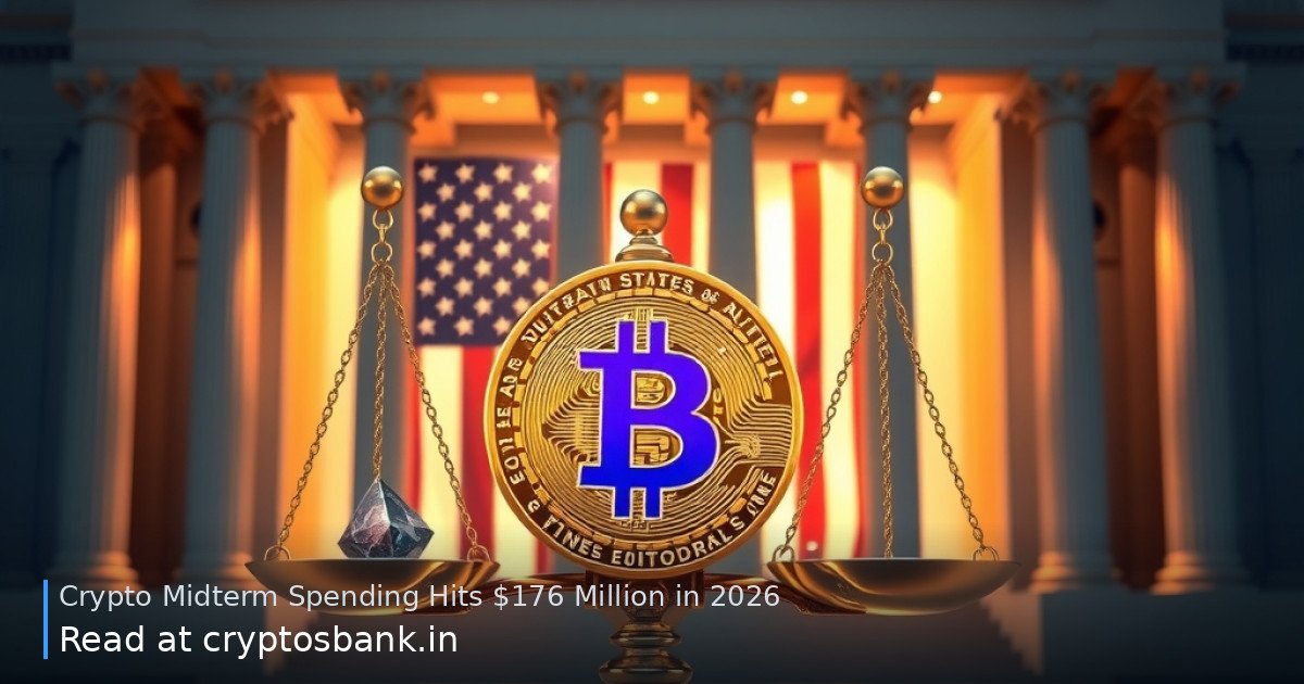 Crypto coins on scales of justice before a US government building with the American flag.