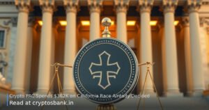 A crypto PAC coin rests on the scales of justice before a government building with the US flag.
