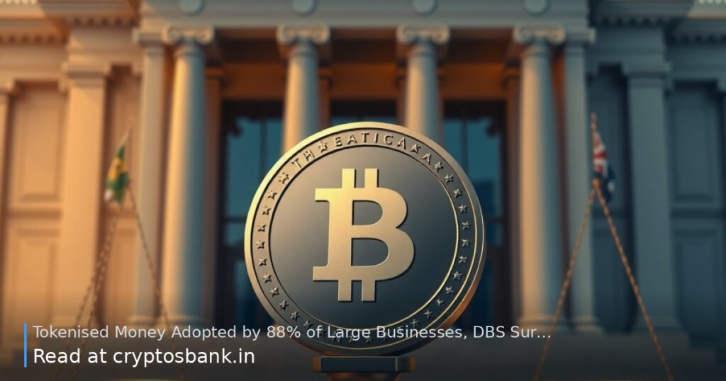 Tokenised money coin on scales of justice before a classical corporate building.