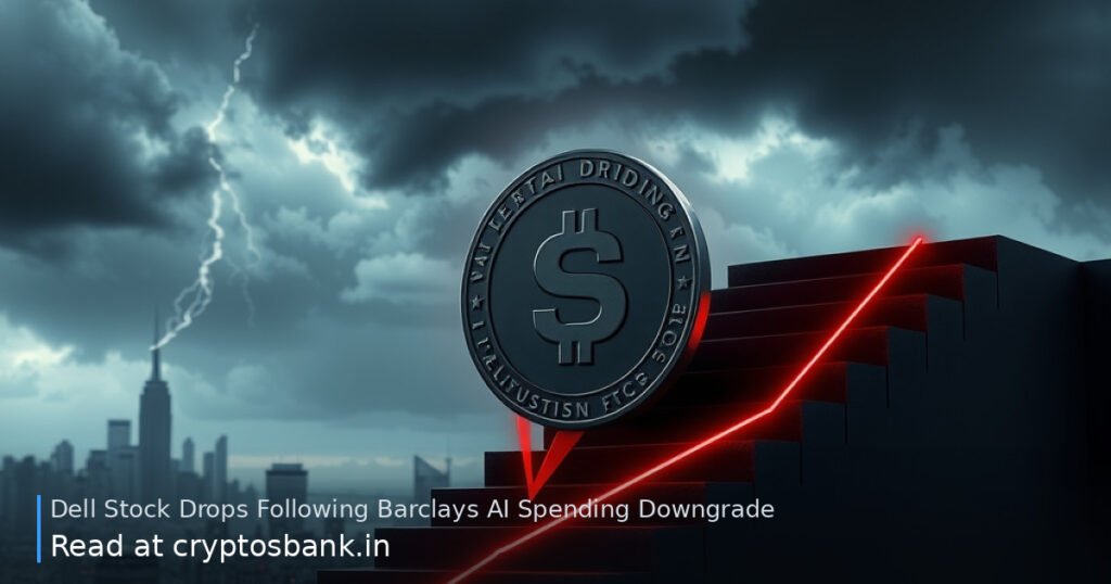 A dark silver tech emblem coin slides down a red-lit staircase against a gloomy city skyline at night.