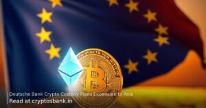 Bitcoin and Ethereum coins on a launch pad with a rocket, EU flag in background