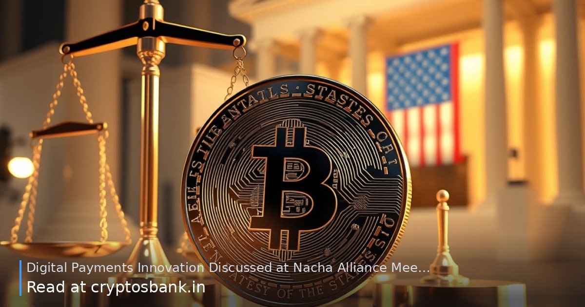 Digital payments coin and scales of justice with the US flag in the background.