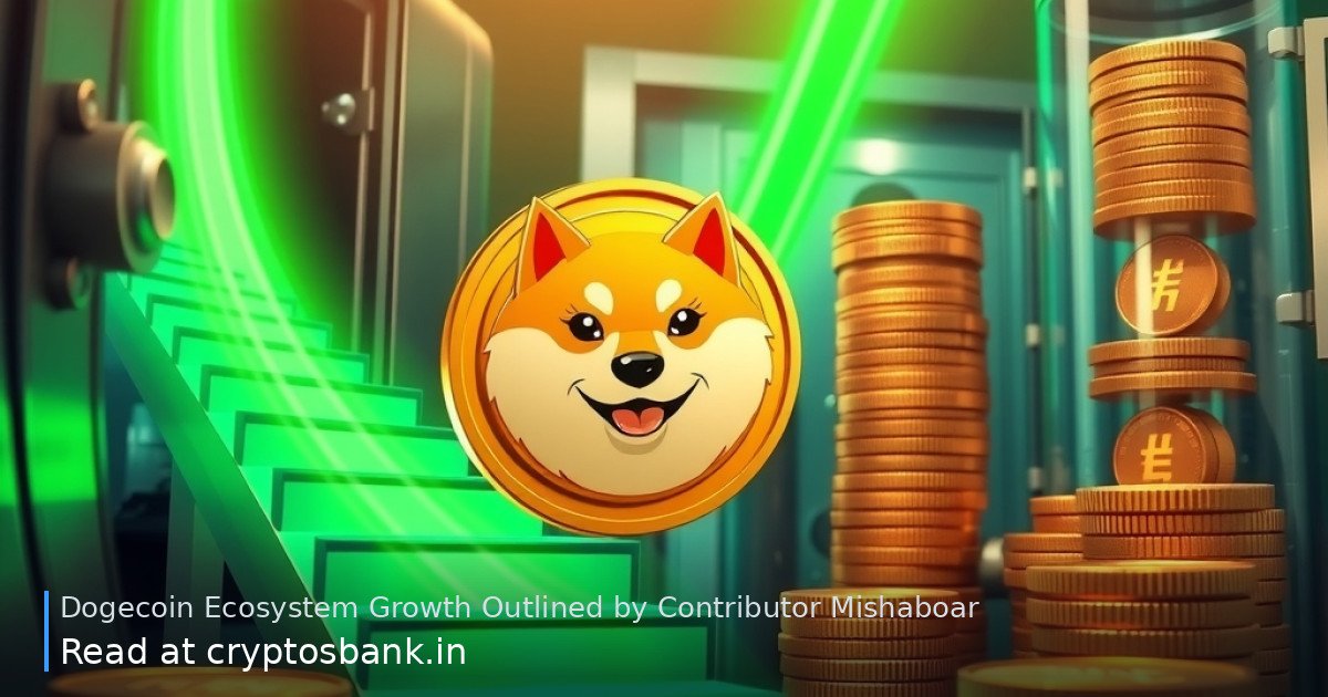 Dogecoin coin climbing glowing stairs past a glass vault.