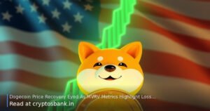 Dogecoin coin rising on glowing staircase with US flag background