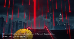 Dogecoin illustration sliding down a dark staircase under heavy market pressure.