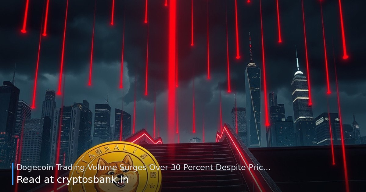 Dogecoin illustration sliding down a dark staircase under heavy market pressure.