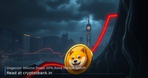 A Dogecoin slides down a dark staircase under heavy clouds, illustrating a 50% drop in trading volume.