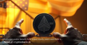 An illustration of a crypto coin on a bridge with hands bypassing an intermediary, US flag background.