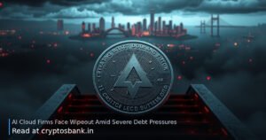 A dark silver coin slides down a dim staircase under stormy skies, representing AI cloud consolidation.