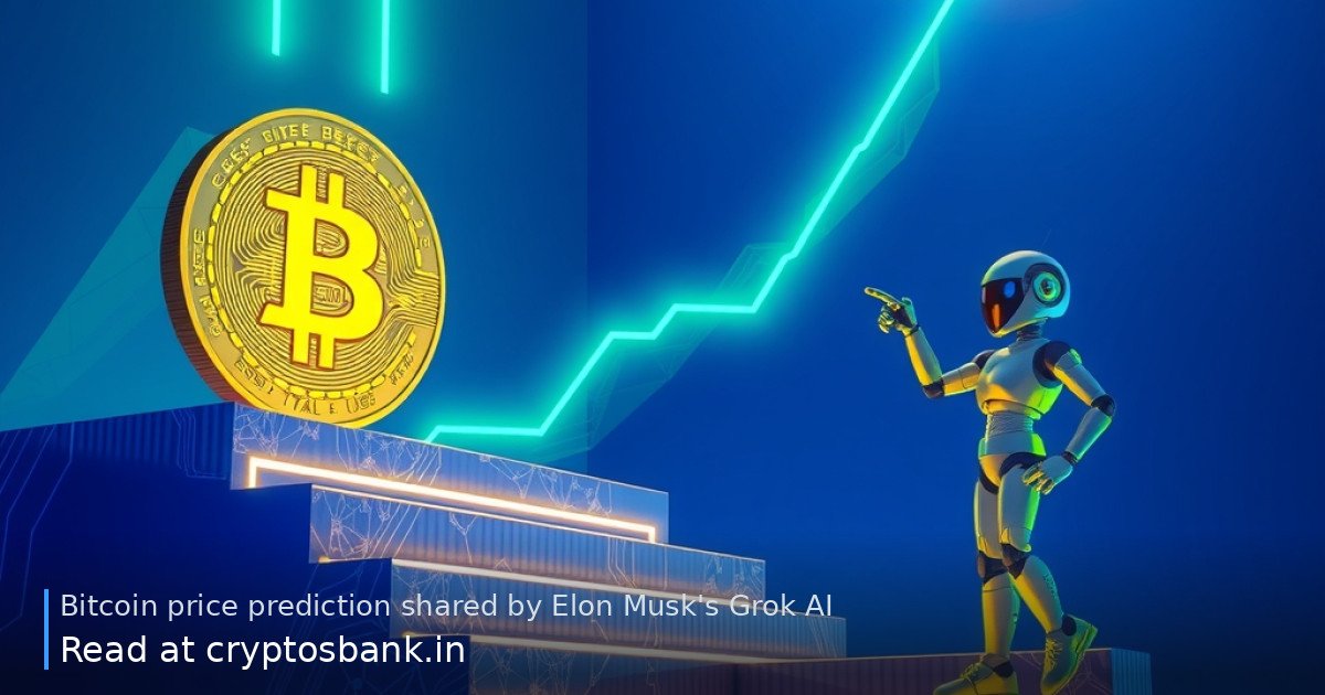 An illustration of a Bitcoin coin climbing a glowing green staircase guided by an AI robot silhouette.
